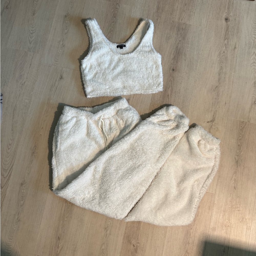 Nasty Gal Cream Fuzzy Lounge Set